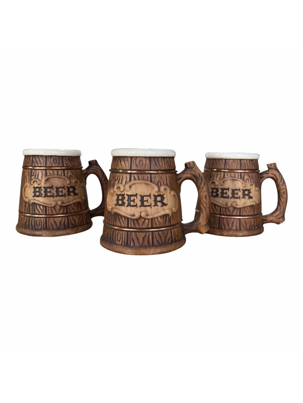 3 piece vintage Treasure Craft Ceramic Beer Mug Stein featuring a faux wood-grai
